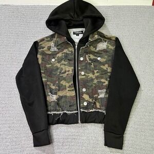 Thrill Jeans Hoodie Jacket Camo Distressed S Green Black Streetwear Grunge Edgy